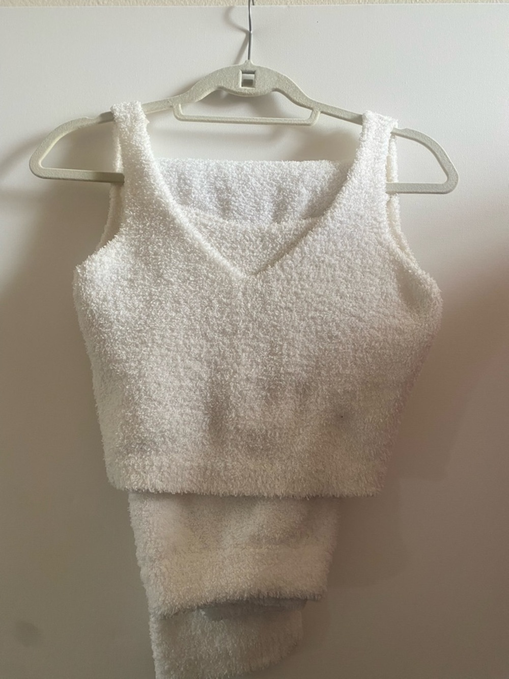 Soft White fuzzy pant & crop tank top set. Small